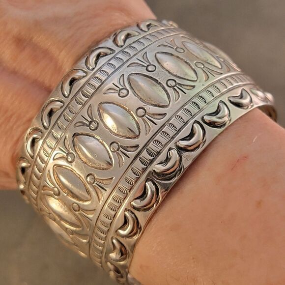 Marcella James Sterling Silver Navajo Stamped Wide Cuff Bracelet - Picture 5 of 13